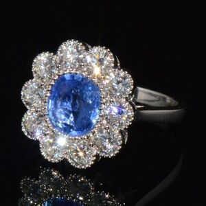 GIA NATURAL 3.78CTS VS F DIAMOND ROYAL BLUE SAPPHIRE 18K GOLD DINNER HALO RING